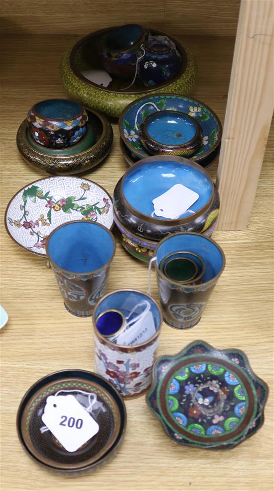 A Chinese cloisonne yellow ground shallow bowl and a collection of small cloisonne items, Dia 21cm
